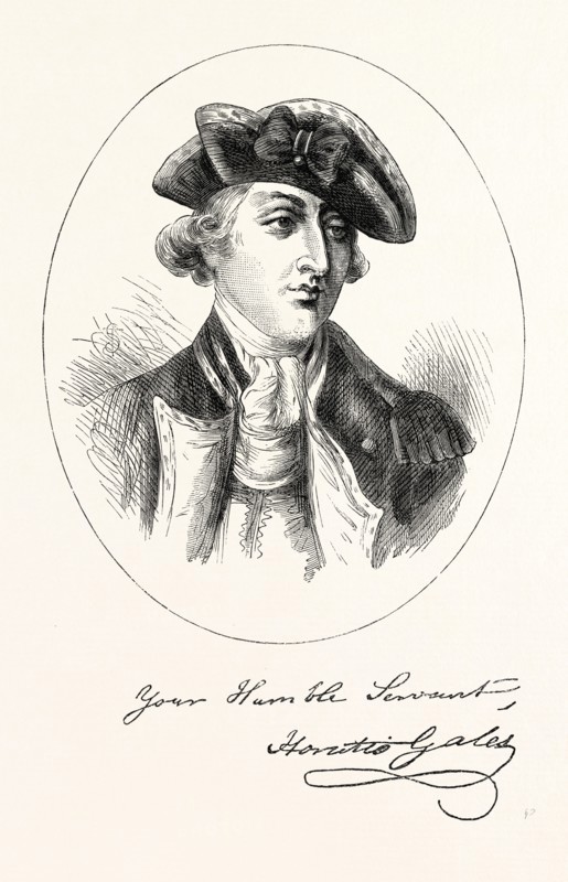 PORTRAIT AND AUTOGRAPH OF GENERAL HORATIO GATES, who was a retired British soldier who served as an American general during the Revolutionary War. He took credit for the American victory in the Battles of Saratoga and was blamed for the defeat at the Battle of Camden, 1870s engraving