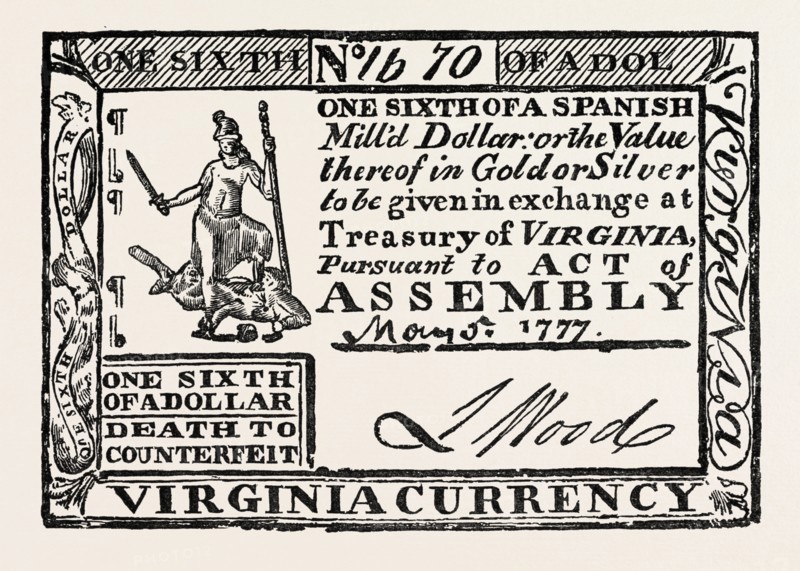 VIRGINIA PAPER MONEY, UNITED STATES OF AMERICA, US, USA, 1870s engraving