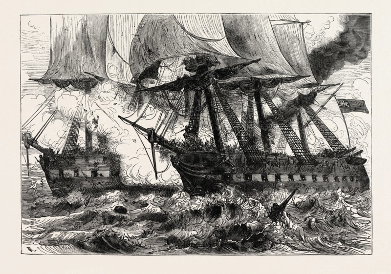 FIGHT BETWEEN THE CHESAPEAKE AND THE SHANNON, off Boston, during the War of 1812, UNITED STATES OF AMERICA, US, USA, 1870s engraving