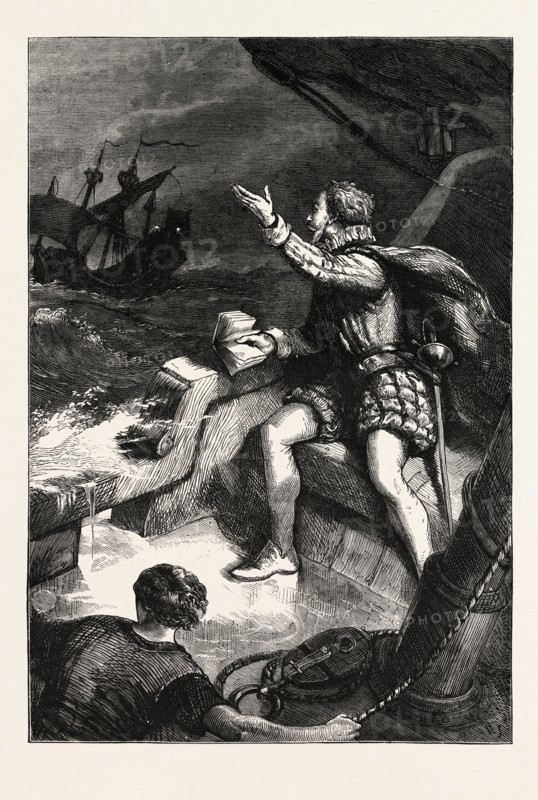 THE LAST MOMENTS OF SIR HUMPHREY GILBERT, He was a pioneer of English colonization in North America, US, USA, 1870s engraving
