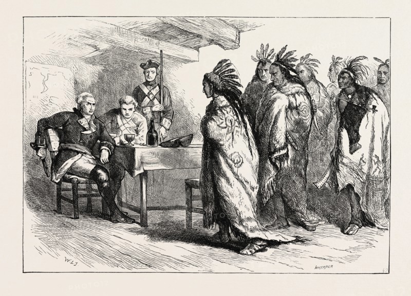 VISIT OF PONTIAC AND THE INDIANS TO MAJOR GLADWIN, US, USA, 1870s engraving