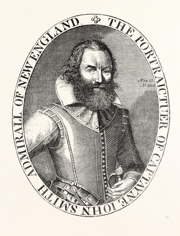CAPTAIN SMITH, FROM THE PORTRAIT IN HIS VIRGINIA, He was an English soldier, explorer, and author. He was considered to have played an important part in the establishment of the first permanent English settlement in North America. He was a leader of the Virginia Colony (based at Jamestown) between September 1608 and August 1609, and led an exploration along the rivers of Virginia and the Chesapeake Bay. He was the first English explorer to map the Chesapeake Bay area and New England, US, USA, 1870s engraving