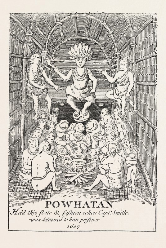 POWHATAN IN STATE. (From Smith's Virginia) Powhatan was the paramount chief of a network of tributary tribal nations in the Tidewater region of Virginia, UNITED STATES OF AMERICA, US, USA, 1870s engraving