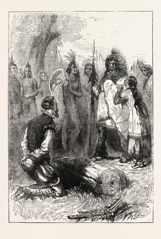 POCAHONTAS SAVES CAPTAIN SMITH'S LIFE. Pocahontas, born Matoaka, and later known as Rebecca Rolfe, was a Virginia Indian. Captain Smith was an English soldier, explorer, and author, US, USA, 1870s engraving