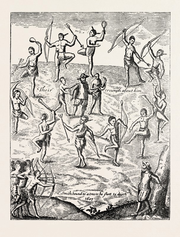 CAPTAIN SMITH TAKEN PRISONER BY THE INDIANS. From Smith's Virginia. He was an English soldier, explorer, and author, US, USA, UK, 1870s engraving