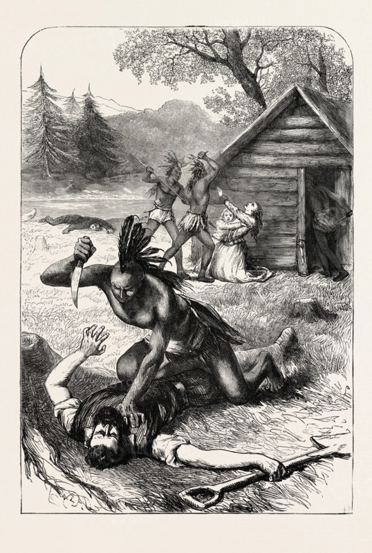 MASSACRE OF SETTLERS BY INDIANS IN NORTH AMERICA, US, USA, 1870s engraving