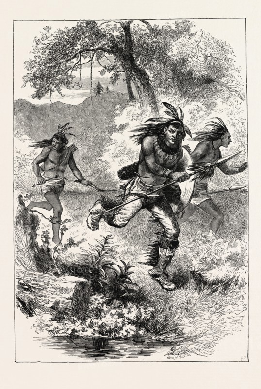 FLIGHT OF INDIANS AFTER THE MASSACRE, US, USA, 1870s engraving