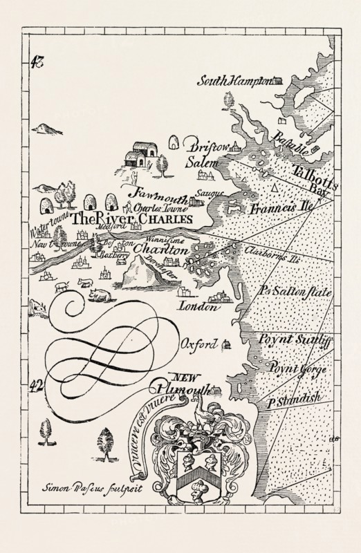 PART OF CAPTAIN J. SMITH'S MAP OF NEW ENGLAND. FROM ADVERTISEMENTS FOR THE UNEXPERIENCED PLANTERS OF NEW ENGLAND OR ANYWHERE. UNITED STATES OF AMERICA, US, USA, 1870s engraving