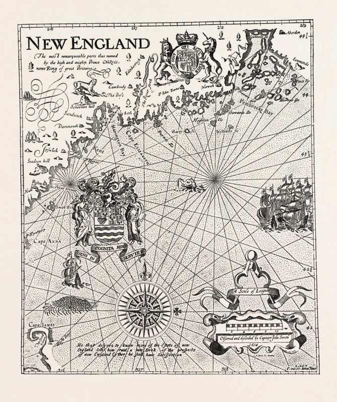 PART OF CAPTAIN J. SMITH'S MAP OF NEW ENGLAND, UNITED STATES OF AMERICA, US, USA, 1870s engraving