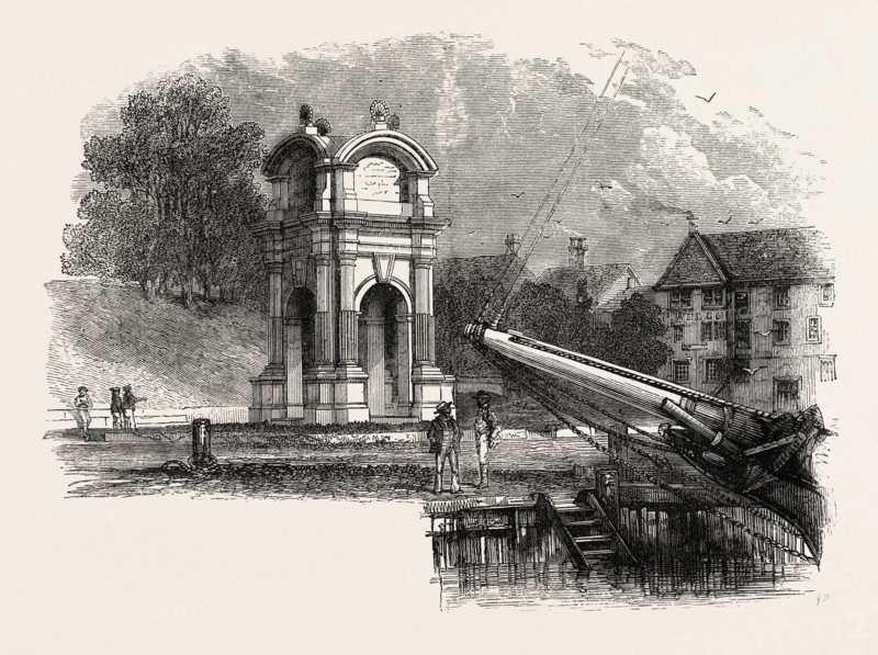 MONUMENT AT NEW PLYMOUTH TO MARK THE SITE OF THE LANDING OF THE PILGRIM FATHERS, UNITED STATES OF AMERICA, US, USA, 1870s engraving
