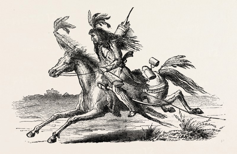 NORTH AMERICAN INDIAN ON HORSEBACK, US, USA, 1870s engraving