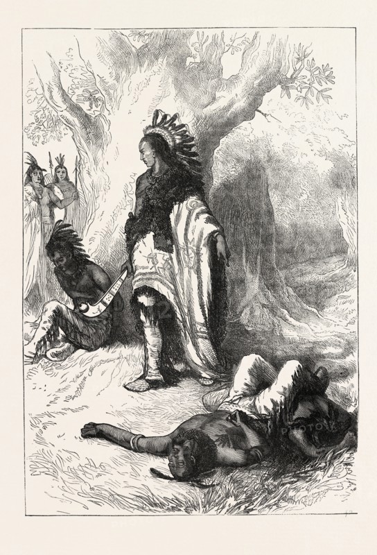 UNCAS AND MIANTONOMOH; Uncas was a sachem of the Mohegan who through his alliance with the English colonists in New England against other Indian tribes made the Mohegan the leading regional Indian tribe in lower Connecticut; Miantonomoh was a chief of the Narragansett tribe of New England Indians, US, USA, 1870s engraving