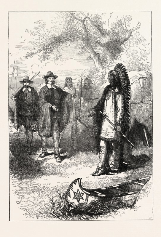 EDWARD WINSLOW'S VISIT TO MASSASOIT, who was the sachem, or leader, of the Wampanoag, and Massasoit of the Wampanoag Confederacy, US, USA, 1870s engraving