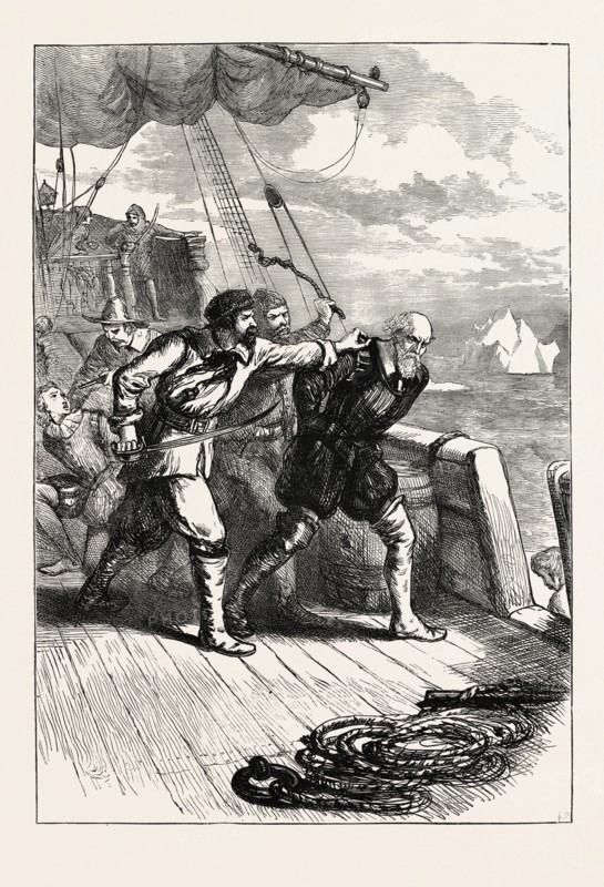 MUTINY ON HUDSON'S SHIP, US, USA, 1870s engraving