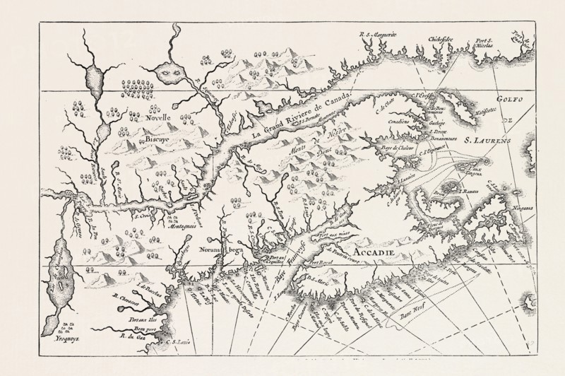 MAP OF CANADA AND NOVA SCOTIA, From Joannes de Salt's America Utriusque Descriptio, 1633, 1870s engraving