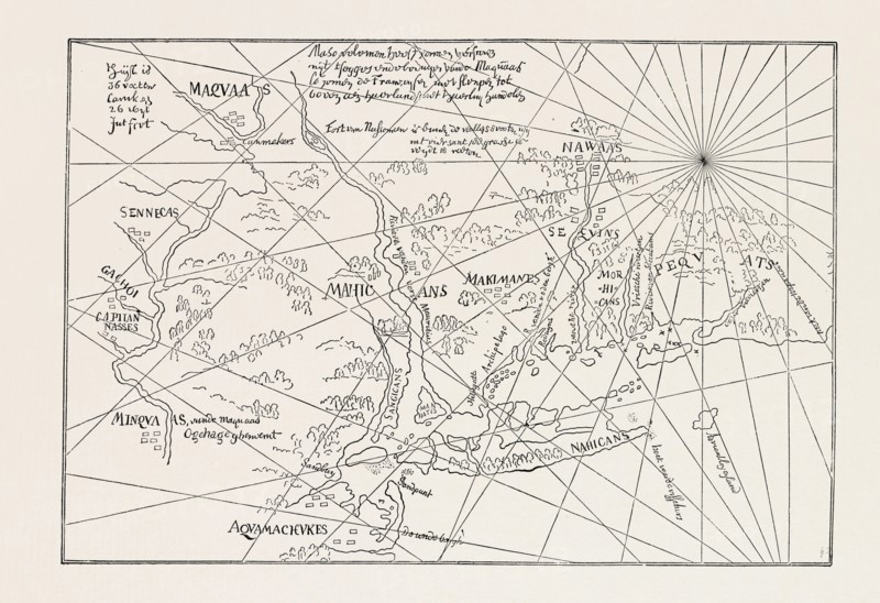 THE EARLIEST MAP OF THE NEW NETHERLANDS, US, USA, 1870s engraving