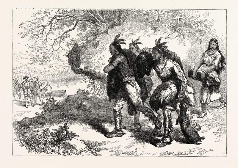 INDIANS BRINGING BEAVER SKINS TO FLEET, US, USA, 1870s engraving