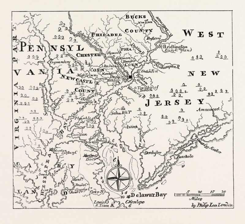MAP OF PENNSYLVANIA AND WEST NEW JERSEY, From Thomas's History of Pennsylvania.UNITED STATES OF AMERICA, US, USA, 1870s engraving