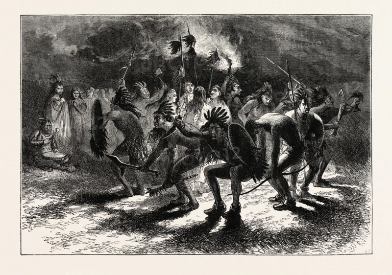 INDIAN SCALP DANCE, US, USA, 1870s engraving