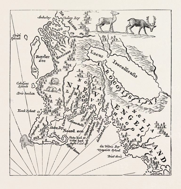 NEW ENGLAND IN 1660, UNITED STATES OF AMERICA. From Blaeu Theatre du Monde, US, USA, 1870s engraving