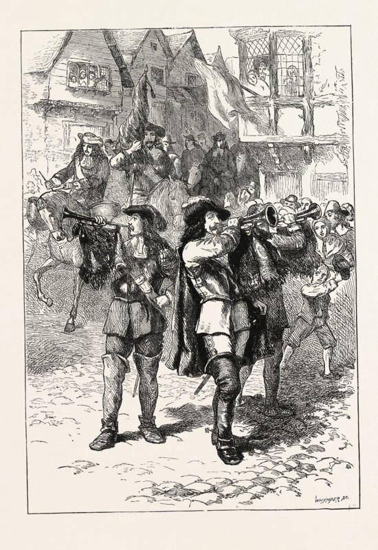 JAMES II. PROCLAIMED AT BOSTON, US, USA, 1870s engraving