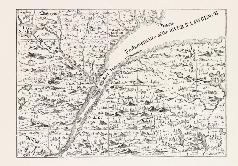 THE COURSE OF THE RIVER ST. LAWRENCE AS FAR AS QUEBEC (From Popple's Atlas, 1730) CANADA, 1870s engraving