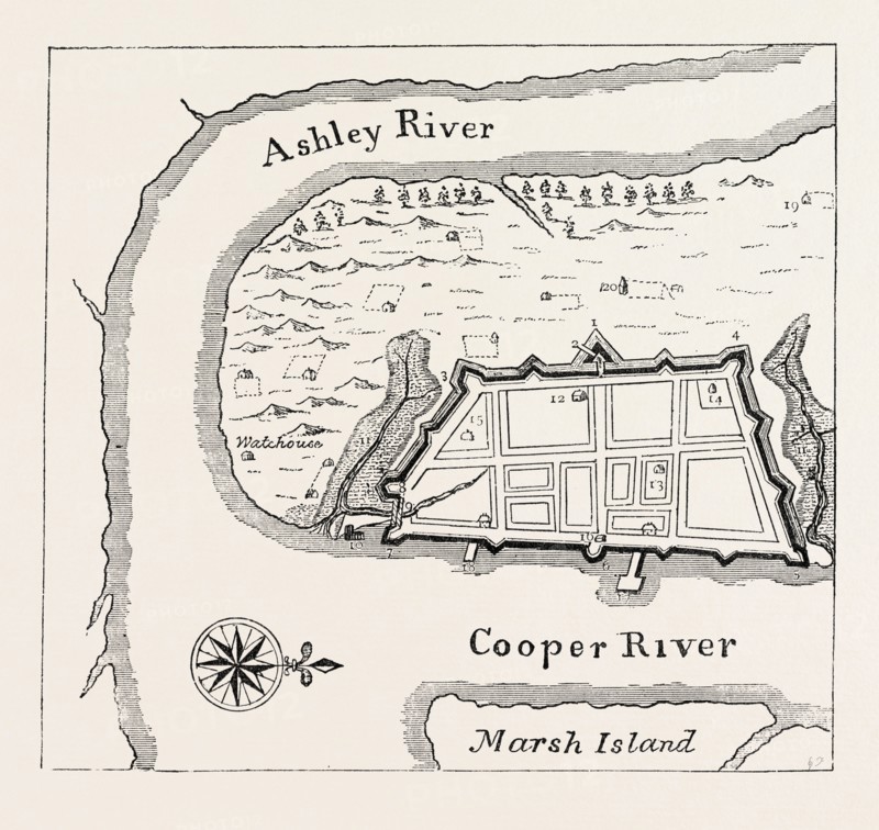 A DRAUGHT OF THE TOWN AND HARBOUR OF CHARLESTON. BY H. MOLL, 1715, UNITED STATES OF AMERICA, US, USA, 1870s engraving