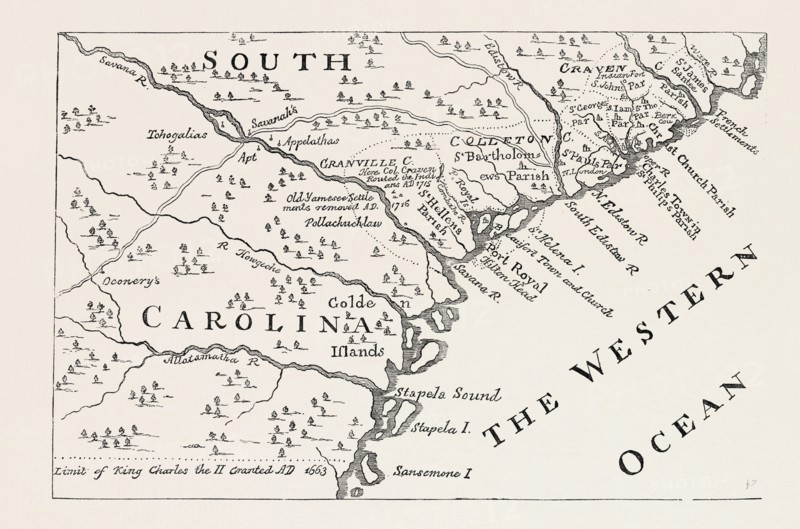 MAP OF SOUTH CAROLINA IN 1730, BY H. MOLL, UNITED STATES OF AMERICA, US, USA, 1870s engraving