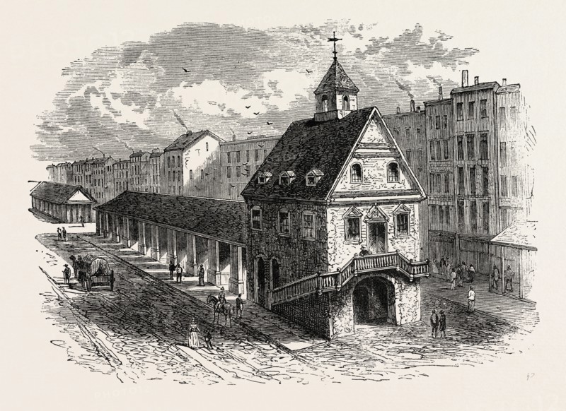 OLD MARKET HOUSE AT PHILADELPHIA, UNITED STATES OF AMERICA, US, USA, 1870s engraving
