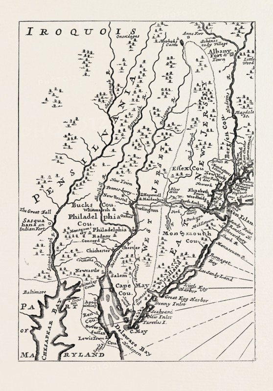PENNSYLVANIA AT THE BEGINNING OF THE EIGHTEENTH CENTURY (From Humphreys' Account of the Missions.) UNITED STATES OF AMERICA, US, USA, 1870s engraving