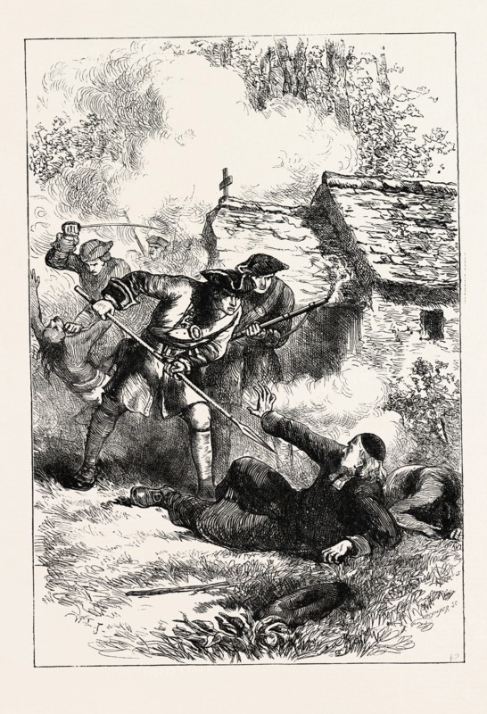 DEATH OF RASLES, sebastien rale, rasle, priest, jesuit, missionary to the abenakis, 1657-1724. killed at norridgewock, narantsouk, today old point, south madison, me., US, USA, 1870s engraving