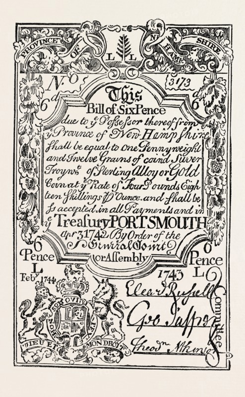 NEW ENGLAND PAPER MONEY, UNITED STATES OF AMERICA, US, USA, 1870s engraving