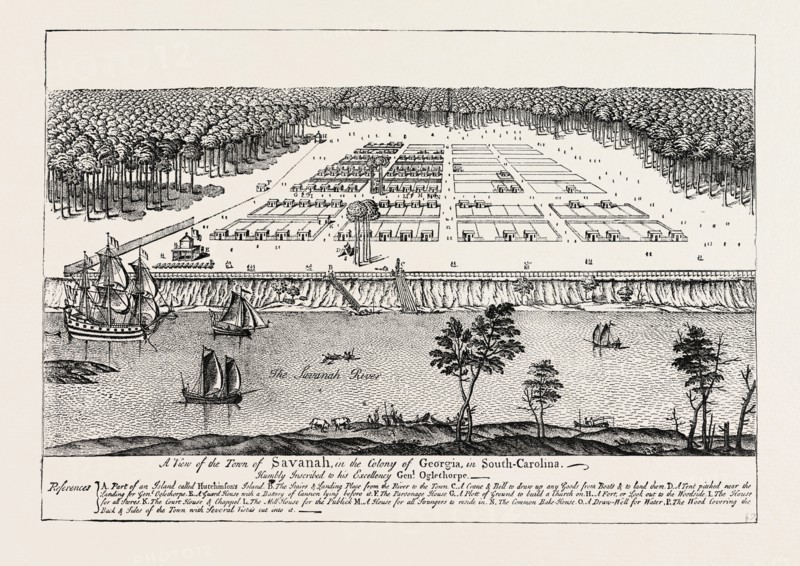 A View of the Town of Savannah, in the Colony of Georgia, in South Carolina, 1741. UNITED STATES OF AMERICA, US, USA, 1870s engraving