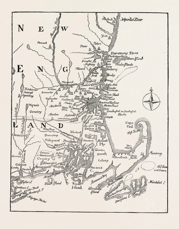 MAP OF NEW ENGLAND AT THE BEGINNING OF THE EIGHTEENTH CENTURY From Mather's Magnalia, UNITED STATES OF AMERICA, US, USA, 1870s engraving