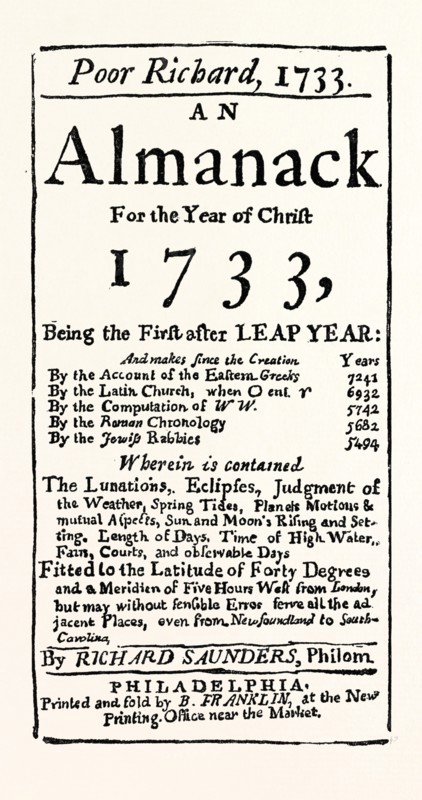 FACSIMILE OF THE TITLE PAGE OF POOR RICHARD'S ALMANACK, 1733, US, USA, 1870s engraving