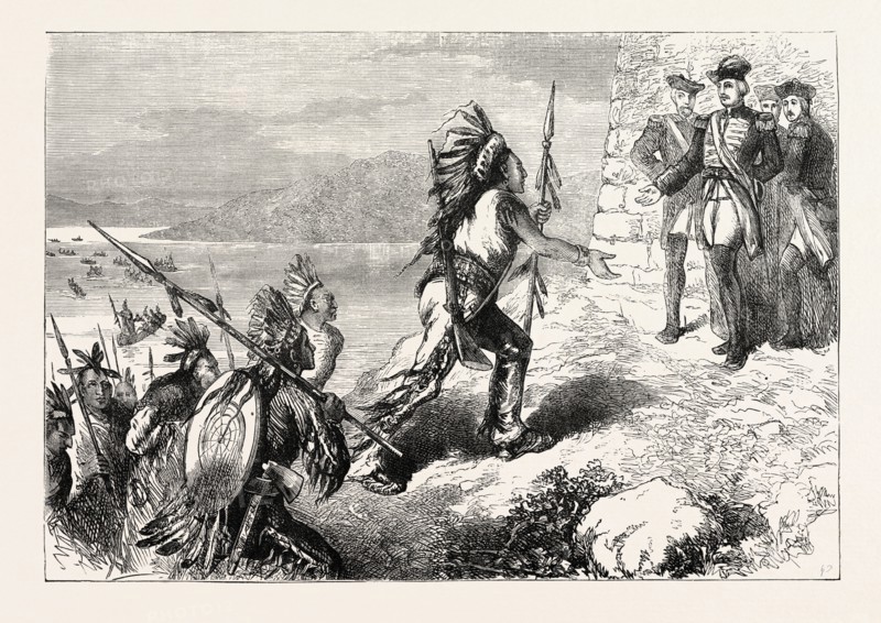 ARRIVAL OF INDIAN AUXILIARIES AT THE FRENCH CAMP, US, USA, 1870s engraving