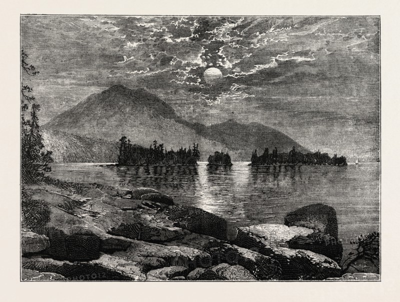 VIEW ON LAKE GEORGE, NORTH AMERICA, US, USA, 1870s engraving
