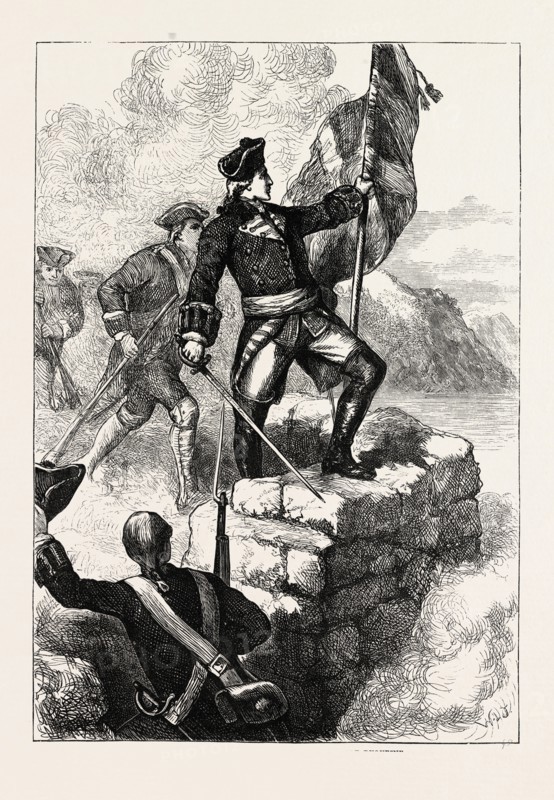 WASHINGTON PLANTING THE BRITISH FLAG AT FORT DUQUESNE, UNITED STATES OF AMERICA, US, USA, 1870s engraving