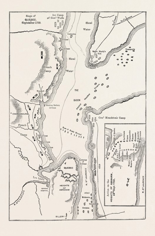 PLAN OF THE SIEGE OF QUEBEC, CANADA, 1870s engraving