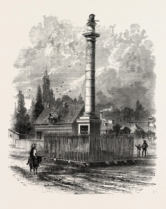 MONUMENT TO WOLFE AT QUEBEC, CANADA, 1870s engraving
