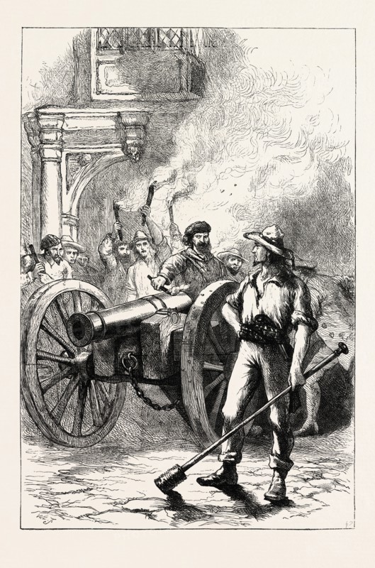 THE MOB FIRING CANNON BEFORE THE COURT HOUSE WHERE M'LEOD WAS IMPRISONED, US, USA, 1870s engraving