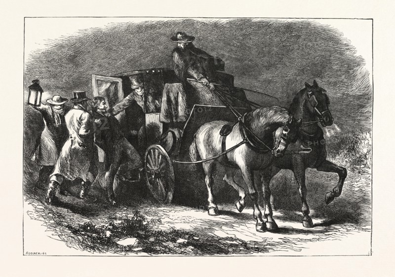 THE ABDUCTION OF WILLIAM MORGAN, He was a resident of Batavia, New York, whose disappearance and presumed murder in 1826 ignited a powerful movement against the Freemasons, a fraternal society that had become influential in the United States, US, USA, 1870s engraving