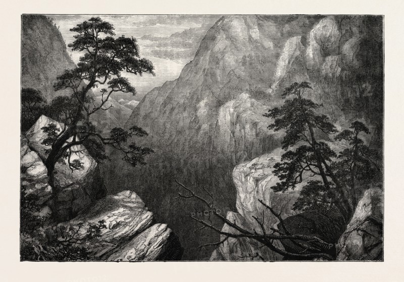 VIEW OF THE SIERRA MADRE, ROCKY MOUNTAINS, UNITED STATES OF AMERICA, US, USA, 1870s engraving