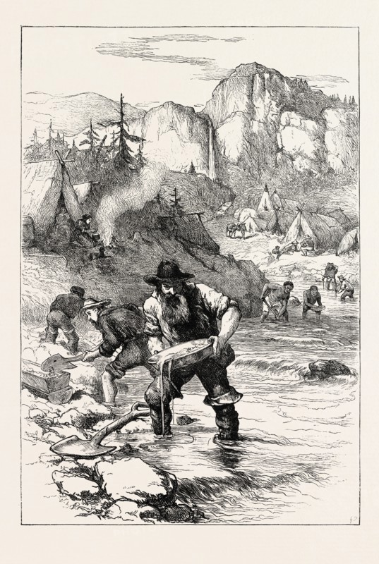 GOLD-WASHING IN CALIFORNIA, UNITED STATES OF AMERICA, US, USA, 1870s engraving