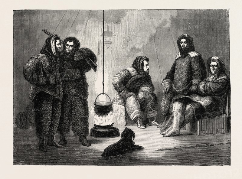 KANE AND HIS COMPANIONS IN THEIR VESSEL, 1870s engraving