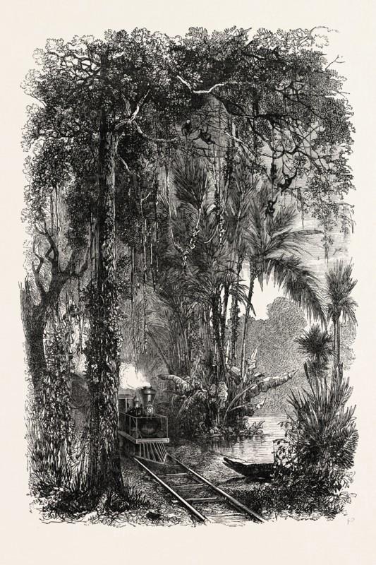 VIEW ON THE PANAMA RAILROAD, PANAMA, 1870s engraving