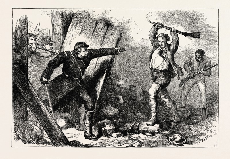 CAPTURE OF JOHN BROWN IN THE ENGINE HOUSE. John Brown was an American abolitionist who believed armed insurrection was the only way to overthrow the violent system of slavery in the United States, US, USA, 1870s engraving