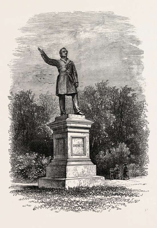 STATUE OF EVERETT AT BOSTON, UNITED STATES OF AMERICA, US, USA, 1870s engraving