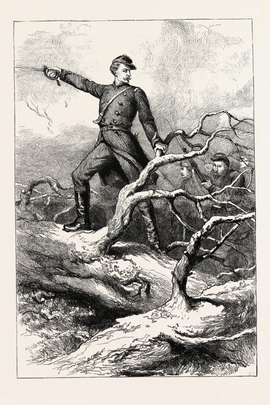 CAPTAIN WINTHROP AT BIG BETHEL, The Battle of Big Bethel, also known as the Battle of Bethel Church or Great Bethel was one of the earliest land battles of the American Civil War, US, USA, 1870s engraving