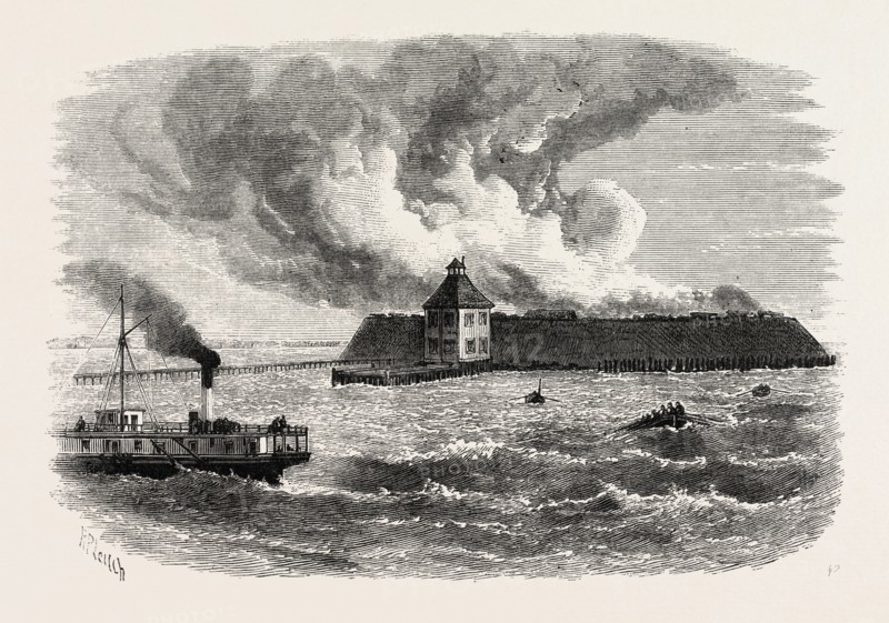 DESTRUCTION OF FORT OCRACOKE, UNITED STATES OF AMERICA, US, USA, 1870s engraving